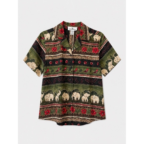 erin london Tops - Erin London Womens Blouse Shirt Green Elephant Print Silk Linen Small